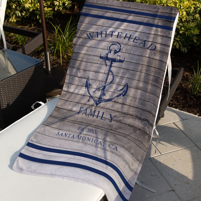 Nautical Beige Wood Custom Family Anchor Beach Towel (Nautical anchor custom family vacation towel. Personalize each towel with your details.)