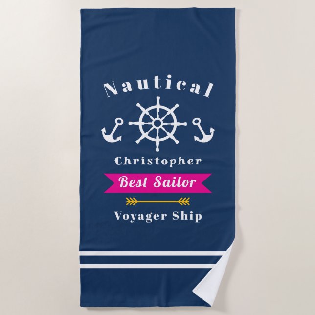  Nautical Best Sailor Navy Beach Towel (Front)