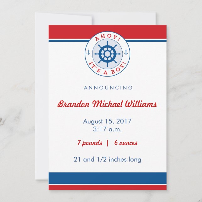 Nautical Birth Announcement, Boy Announcement (Front)