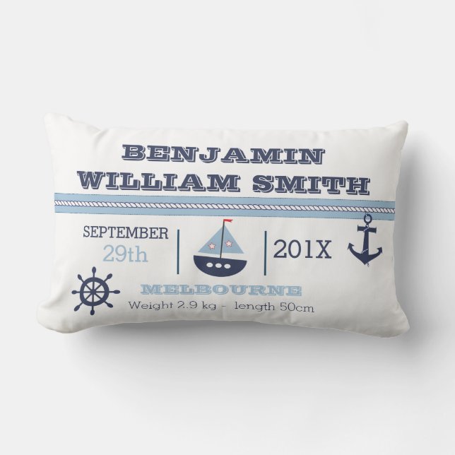 Nautical Birth Announcement Cushion For Boy (Front)