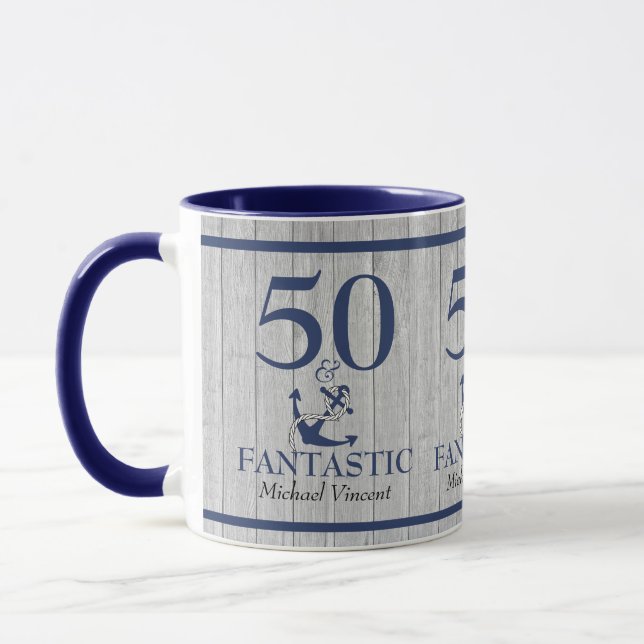 Nautical Birthday 50 and Fantastic  Navy Blue Gray Mug (Left)