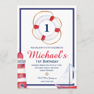 Nautical Birthday Invitation Invite Navy Blue Sail