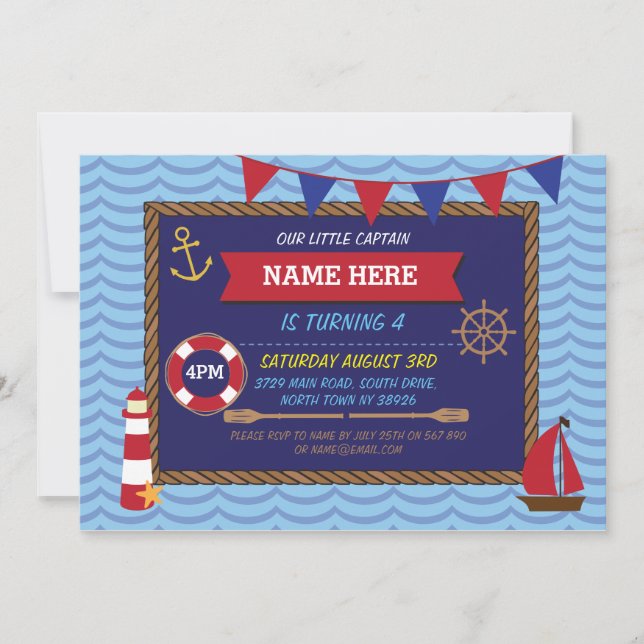 Nautical Birthday Party Sailor Boats Pirate Invite (Front)