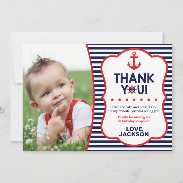 Nautical Birthday Thank You Card | Navy and Red (Front)