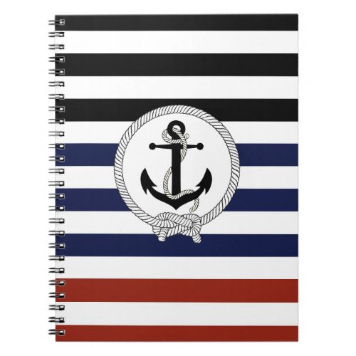 Nautical black anchorNavy knotblue red stripe Notebook