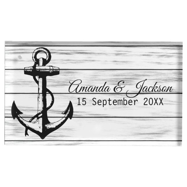 Nautical - Black Anchor on White Beach Wood Place Card Holder (Front)
