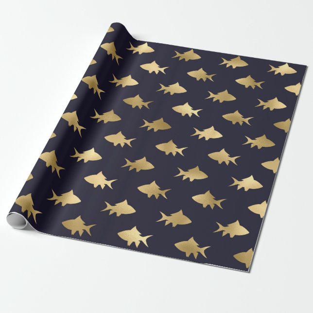Nautical Black and Gold Fish Pattern Wrapping Paper (Unrolled)