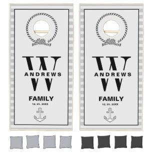 Nautical black and gray Anchor Monogram family Cornhole Set