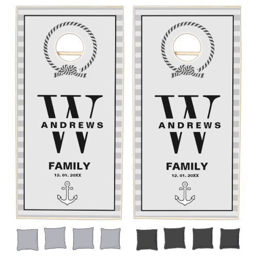 Nautical black and gray Anchor Monogram family  Cornhole Set