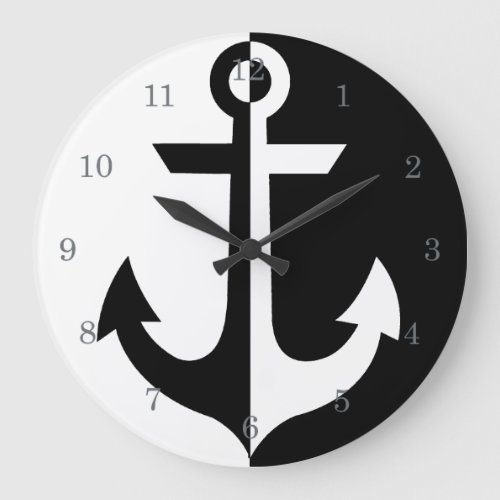 Nautical Black and White Anchor pick your color Large Clock