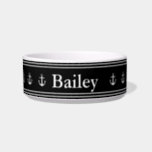 Nautical Black and White Anchors & Name Pet Bowl<br><div class="desc">This black pet bowl has white display text in the center. You can edit the text to show the correct name. This nautical pet bowl also has a row a white anchors around the bowl.</div>