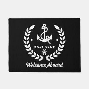 Nautical black and white Custom Boat Name Welcome Doormat