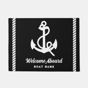 Nautical black and white Custom Boat Name Welcome Doormat