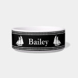 Nautical Black and White Sailboats Pet Bowl<br><div class="desc">This black pet bowl has white display text in the center. You can edit the text to show the correct name. This nautical pet bowl also has a white sailboat on either side of the text.</div>