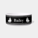 Nautical Black and White Sailboats Pet Bowl<br><div class="desc">This black pet bowl has white display text in the center. You can edit the text to show the correct name. This nautical pet bowl also has a white sailboat on either side of the text.</div>