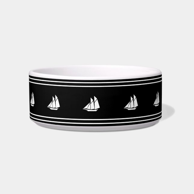 Nautical Black and White Sailboats Pet Bowl (Front)