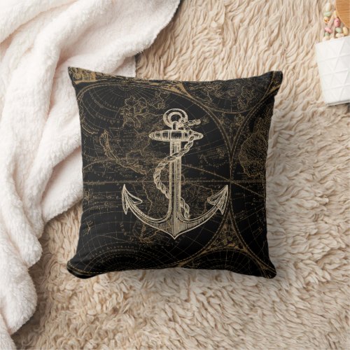 Nautical Black Beige Anchor World Map Throw Pillow