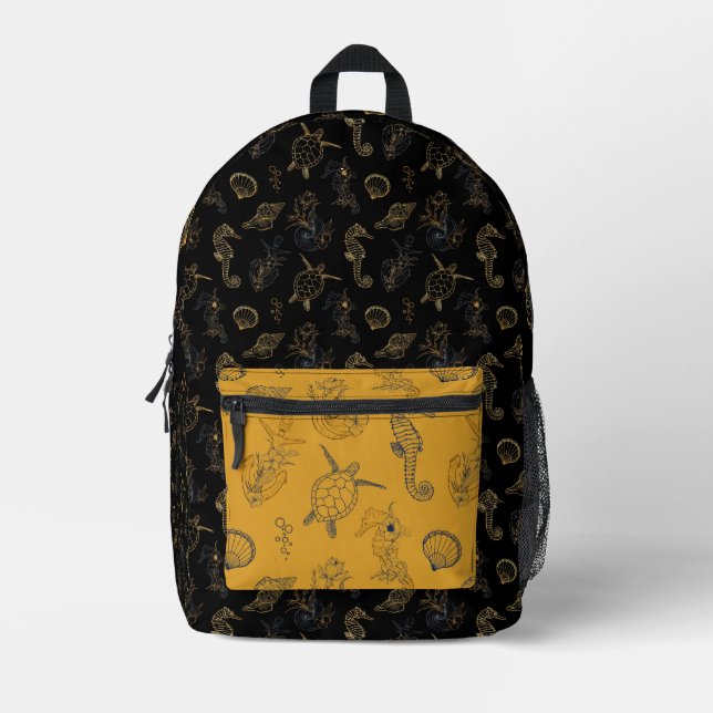 Nautical black gold seahorse shell turtle pattern printed backpack (Front)