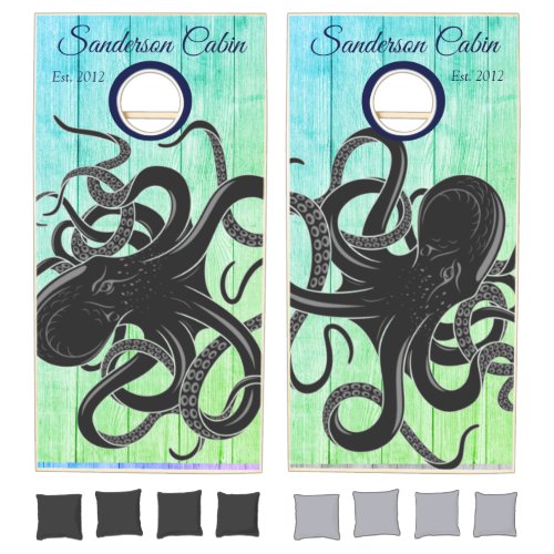 Nautical Black Octopus Coastal Teal Blue Green  Cornhole Set