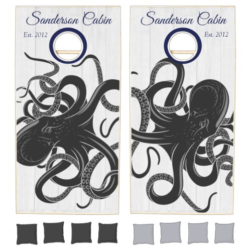 Nautical Black Octopus Coastal White Wood Cornhole Set
