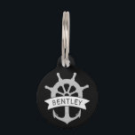 Nautical Black Ship Anchor Personalized Name Pet ID Tag<br><div class="desc">Nautical Anchor and Ship Wheel Pet Tag in Black and White with a Custom Pet Name Template. Digital wood textured grey anchor and ship wheel illustration on a white banner with a custom pet name template in a handwritten font. Add your contact information ( phone number ) to the back...</div>