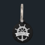 Nautical Black Ship Anchor Personalized Name Pet ID Tag<br><div class="desc">Nautical Anchor and Ship Wheel Pet Tag in Black and White with a Custom Pet Name Template. Digital wood textured grey anchor and ship wheel illustration on a white banner with a custom pet name template in a handwritten font. Add your contact information ( phone number ) to the back...</div>