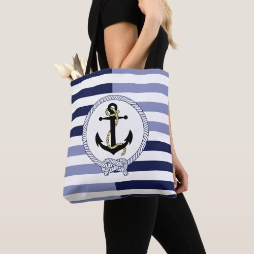 Nautical black ship anchorrope navy blue stripe tote bag