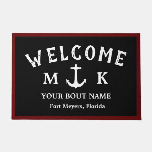 Nautical black Welcome Aboard Boat Name Anchor Doormat