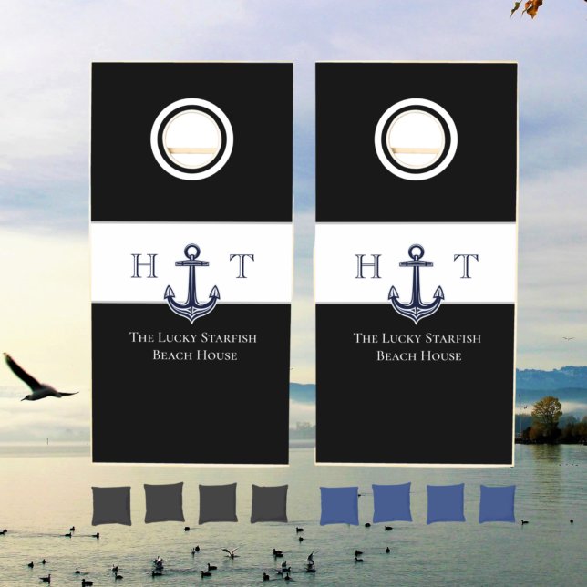 Nautical Black White Anchor Coastal Monogrammed Cornhole Set (Creator Uploaded)