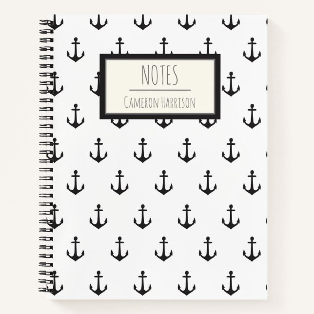 Nautical Black White Anchor Pattern Personalized Notebook (Front)