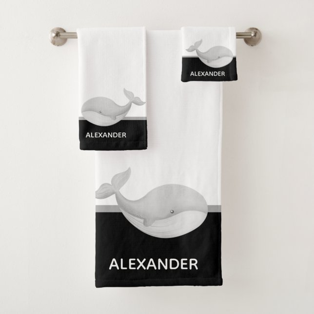 Nautical Black White and Gray Whale Bath Towel Set (Insitu)