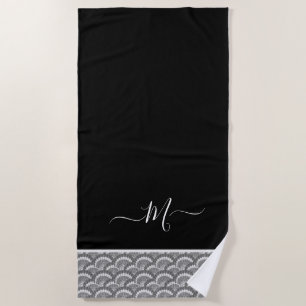 Nautical Black White Elegant monogram initial Bath Beach Towel