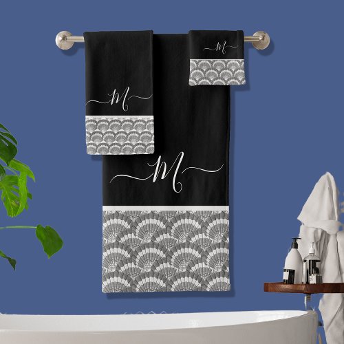 Nautical Black White Elegant monogram initial Bath Towel Set