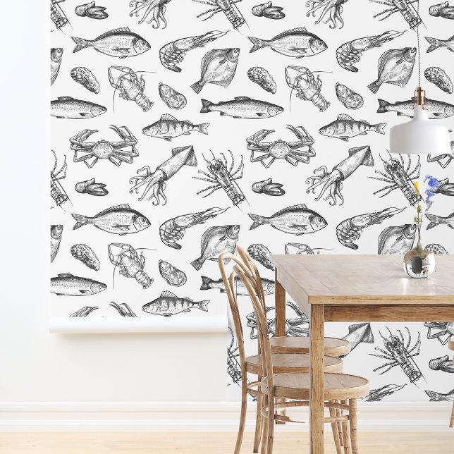 Nautical Black & White Seafood Pattern Kitchen Wallpaper (Nautical Black & White Seafood Pattern Kitchen Wallpaper
)