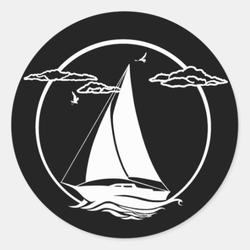 Nautical blackwhite silhouette anchorsailboat classic round sticker