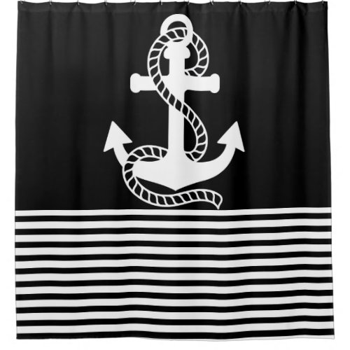 Nautical Black White Stripes and Black Anchor Shower Curtain