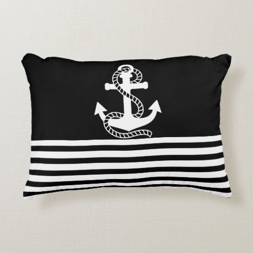 Nautical Black White Stripes and White Anchor Accent Pillow