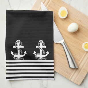 Nautical Black White Stripes and White Anchor Kitchen Towel