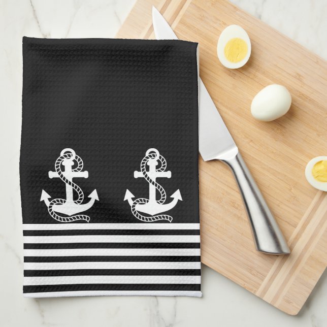 Nautical Black White Stripes and White Anchor Kitchen Towel (Quarter Fold)