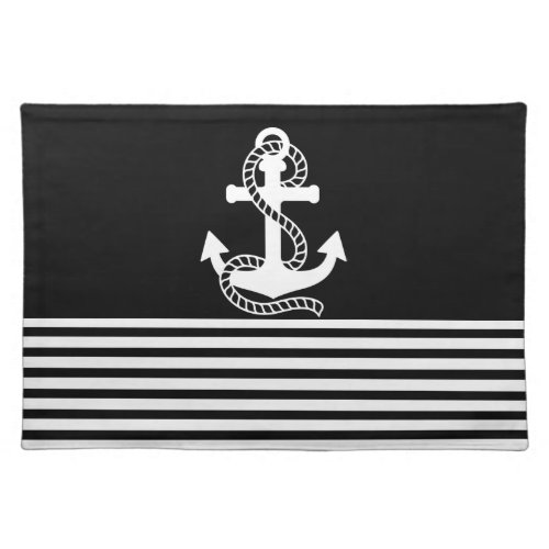 Nautical Black White Stripes and White Anchor Placemat