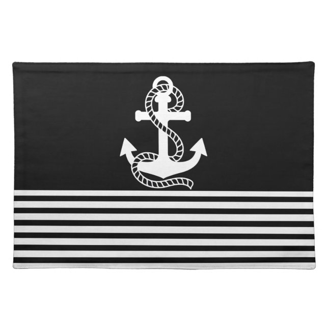 Nautical Black White Stripes and White Anchor Placemat (Front)
