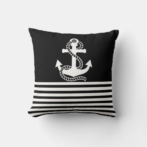 Nautical Black White Stripes and White Anchor Throw Pillow