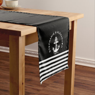 Nautical Black White Stripes & White Anchors Short Table Runner