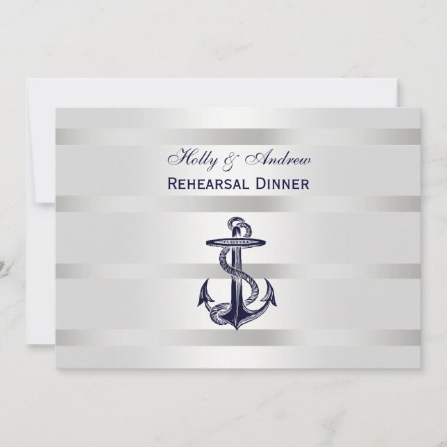 Nautical Blu Anchor Silver Wht BG H Rehearsal Din Invitation (Front)