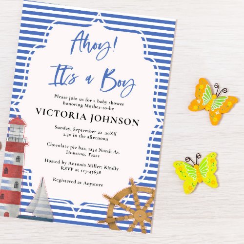 Nautical Blue Ahoy Its a Boy Baby Shower Invitation