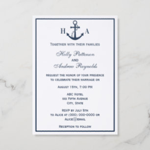 Nautical Blue Anchor #2 V Wedding Couple Initials Letterpress Photo Cards