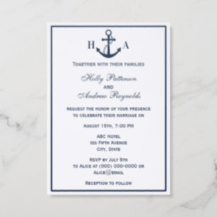 Nautical Blue Anchor #2 V Wedding Couple Initials Letterpress Photo Cards