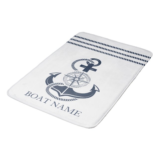 Nautical Blue Anchor Boat Name Bath Mat (Angled)