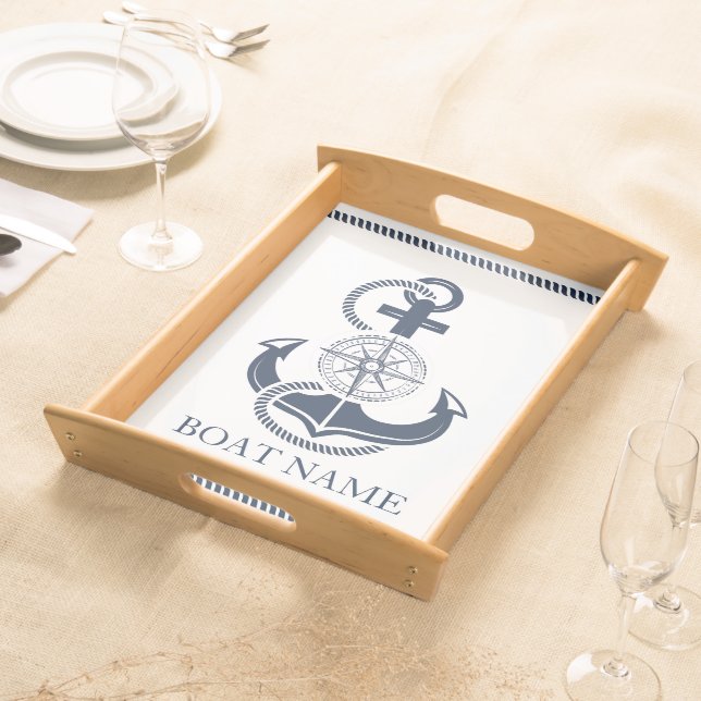 Nautical Blue Anchor Boat Name Serving Tray (Front)