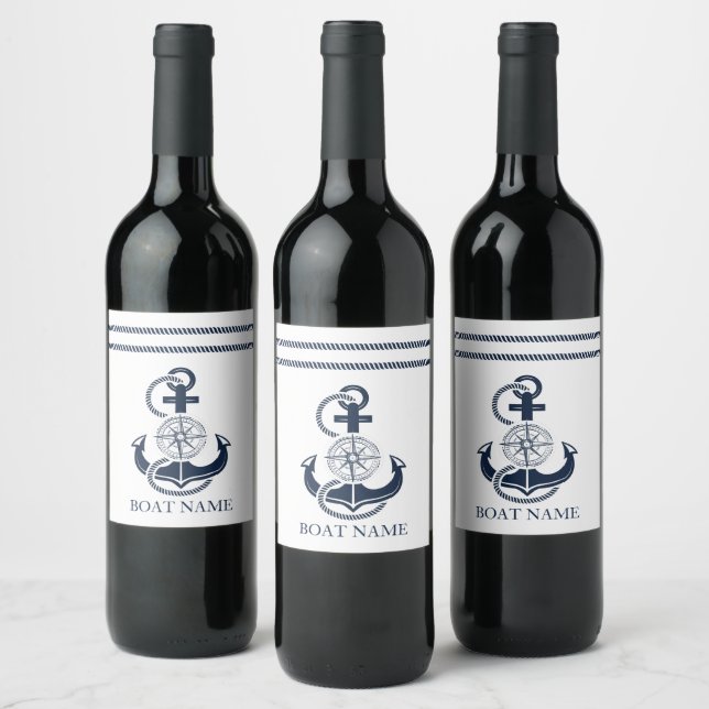 Nautical Blue Anchor Boat Name Wine Label (Bottles)